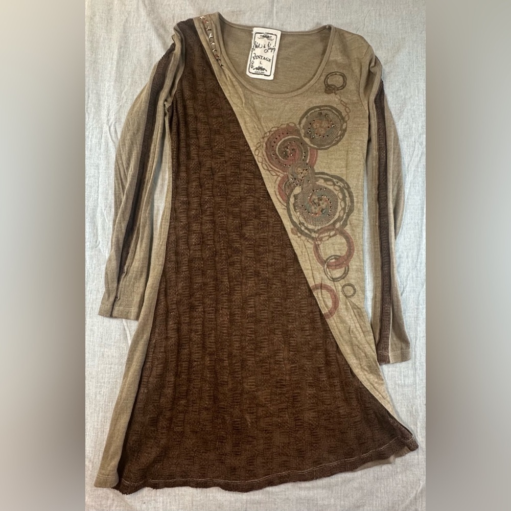 Jack and Jinger Brown and Cream Long Sleeve Boho/Artsy Dress